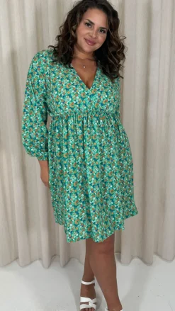 CurveWow Long Sleeve Wrap Mini Dress Green Ditsy Floral