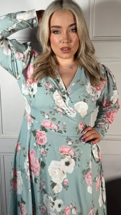 CurveWow Long Sleeve Wrap Dress Green Floral