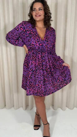 CurveWow Long Sleeve Wrap Mini Dress Purple Animal