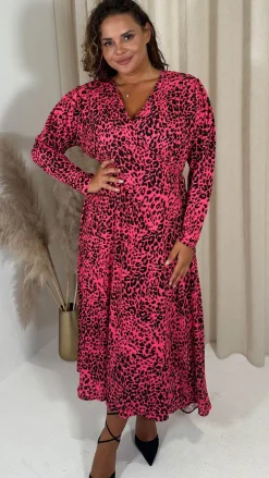 CurveWow Long Sleeve Wrap Dress Pink Animal