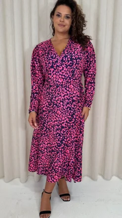 CurveWow Long Sleeve Wrap Dress Navy Animal