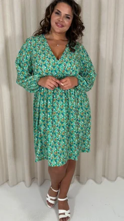 CurveWow Long Sleeve Wrap Mini Dress Green Ditsy Floral