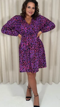 CurveWow Long Sleeve Wrap Mini Dress Purple Animal