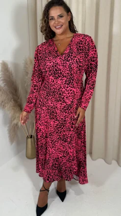CurveWow Long Sleeve Wrap Dress Pink Animal