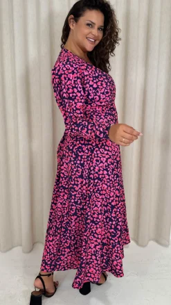 CurveWow Long Sleeve Wrap Dress Navy Animal