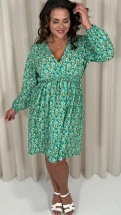 CurveWow Long Sleeve Wrap Mini Dress Green Ditsy Floral