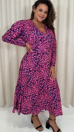 CurveWow Long Sleeve Wrap Dress Navy Animal