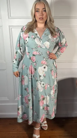 CurveWow Long Sleeve Wrap Dress Green Floral