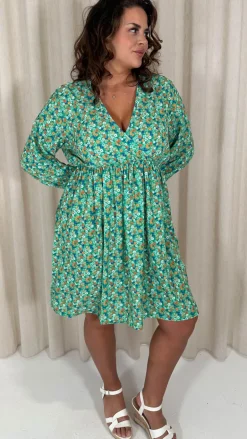 CurveWow Long Sleeve Wrap Mini Dress Green Ditsy Floral