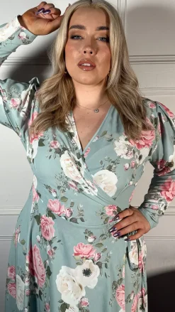 CurveWow Long Sleeve Wrap Dress Green Floral