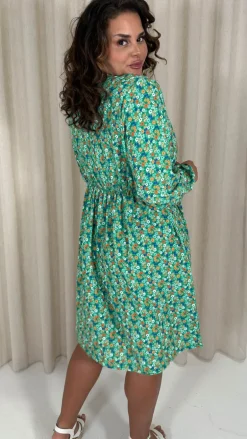 CurveWow Long Sleeve Wrap Mini Dress Green Ditsy Floral