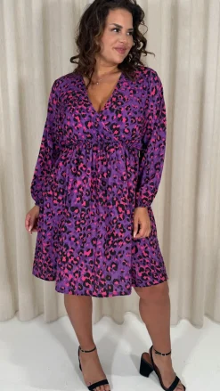 CurveWow Long Sleeve Wrap Mini Dress Purple Animal