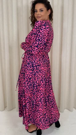 CurveWow Long Sleeve Wrap Dress Navy Animal