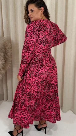 CurveWow Long Sleeve Wrap Dress Pink Animal