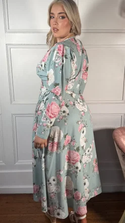 CurveWow Long Sleeve Wrap Dress Green Floral