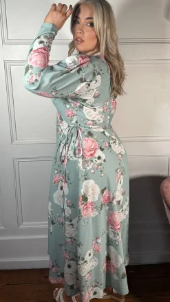 CurveWow Long Sleeve Wrap Dress Green Floral
