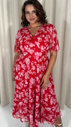 CurveWow Mesh Angel Sleeve Dress Red/Pink