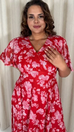 CurveWow Mesh Angel Sleeve Dress Red/Pink