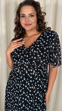 CurveWow Mesh Angel Sleeve Dress Mono Ditsy