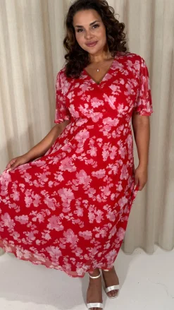 CurveWow Mesh Angel Sleeve Dress Red/Pink