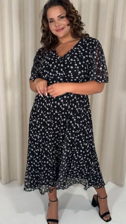 CurveWow Mesh Angel Sleeve Dress Mono Ditsy