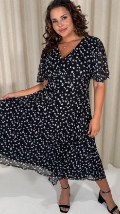 CurveWow Mesh Angel Sleeve Dress Mono Ditsy