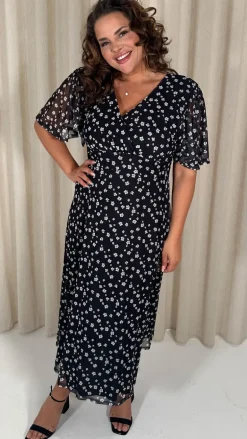 CurveWow Mesh Angel Sleeve Dress Mono Ditsy