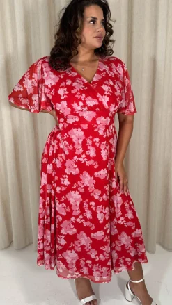 CurveWow Mesh Angel Sleeve Dress Red/Pink