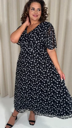 CurveWow Mesh Angel Sleeve Dress Mono Ditsy