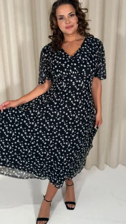 CurveWow Mesh Angel Sleeve Dress Mono Ditsy