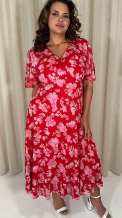 CurveWow Mesh Angel Sleeve Dress Red/Pink