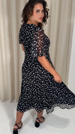 CurveWow Mesh Angel Sleeve Dress Mono Ditsy