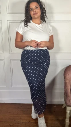 CurveWow Mesh Pencil Skirt Navy Polka