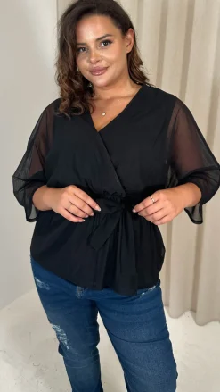 CurveWow Mesh Stripe Kimono Top Black