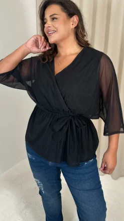 CurveWow Mesh Stripe Kimono Top Black
