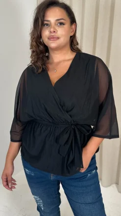 CurveWow Mesh Stripe Kimono Top Black