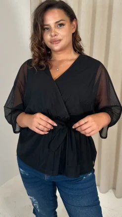 CurveWow Mesh Stripe Kimono Top Black