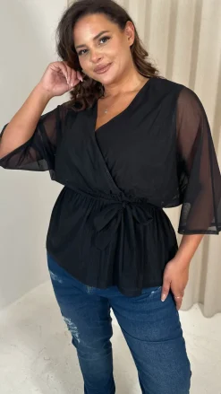 CurveWow Mesh Stripe Kimono Top Black