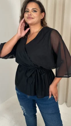 CurveWow Mesh Stripe Kimono Top Black