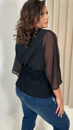CurveWow Mesh Stripe Kimono Top Black