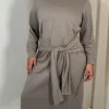 CurveWow Midi Jumper Dress With Tie Waist Beige