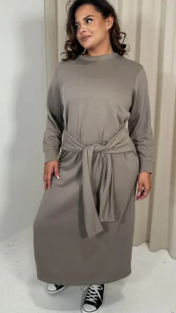 CurveWow Midi Jumper Dress With Tie Waist Beige