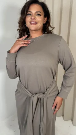 CurveWow Midi Jumper Dress With Tie Waist Beige