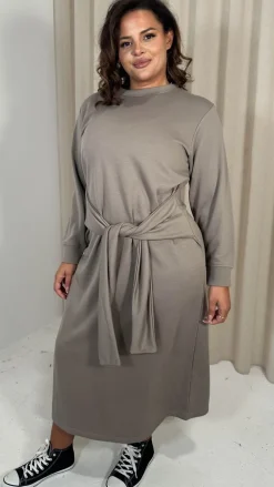 CurveWow Midi Jumper Dress With Tie Waist Beige