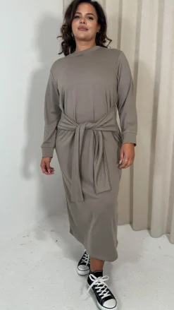 CurveWow Midi Jumper Dress With Tie Waist Beige