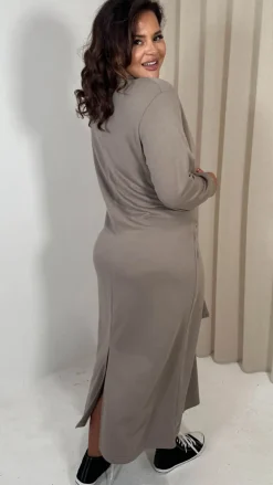 CurveWow Midi Jumper Dress With Tie Waist Beige