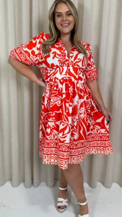 CurveWow Midi Smock Dress Red Tile