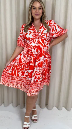 CurveWow Midi Smock Dress Red Tile