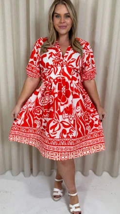 CurveWow Midi Smock Dress Red Tile