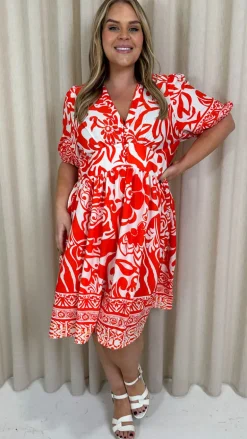 CurveWow Midi Smock Dress Red Tile